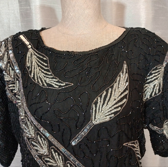 JLB Paris SILK Blouse, Silver Sequin/Beaded leaf pattern, Short Sleeves, M or 10 - Picture 5 of 8